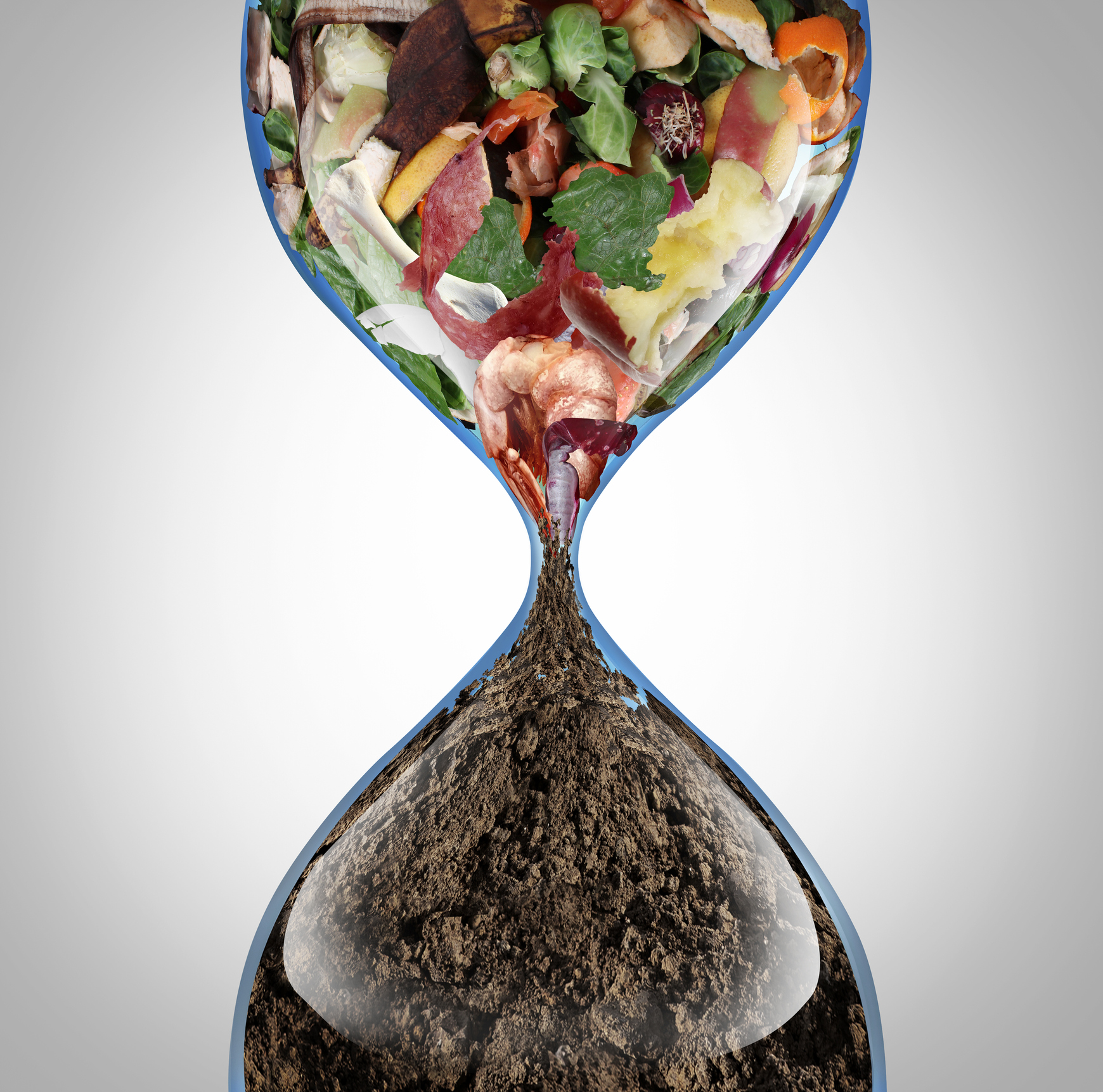 Composting recycling process as kitchen table scraps are transformed into organic soil in an hourglass with 3D illustration elements.